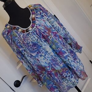 KAK TUS sz XL colorful embellished neckline tunic top